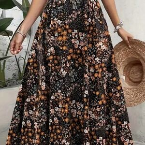 Floral Maxi Skirt - Black and Orange